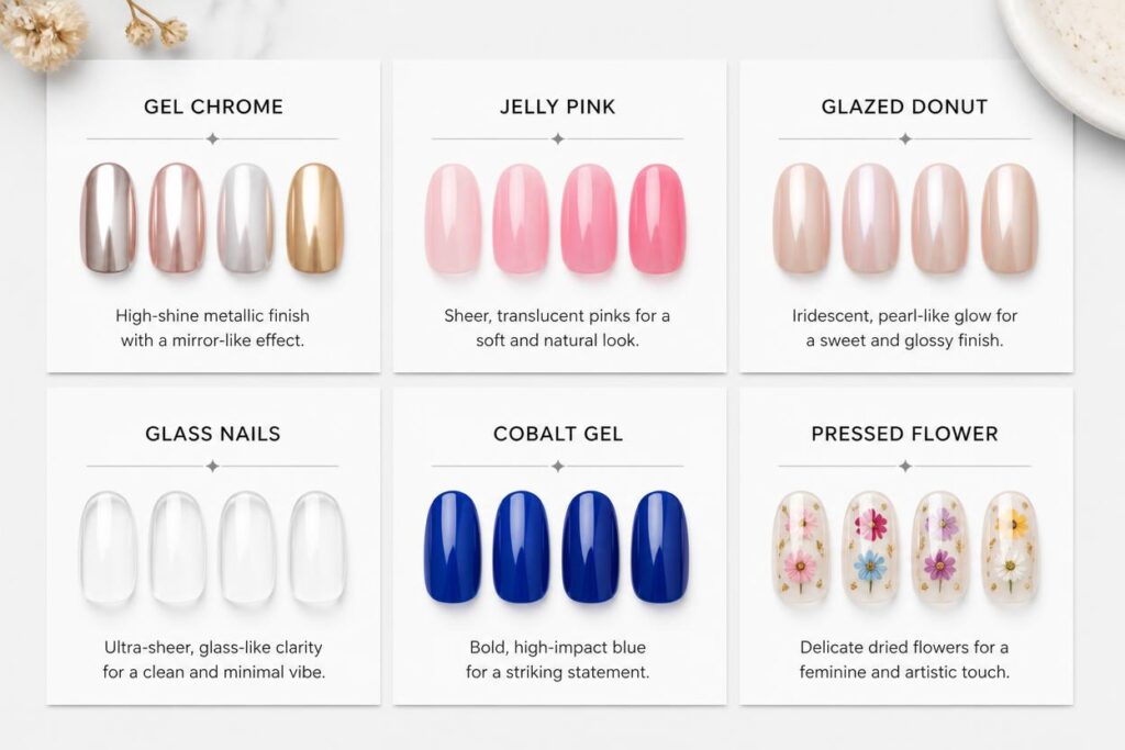 Summer nail designs 2026 FAQ comparison swatches gel chrome jelly glass nails