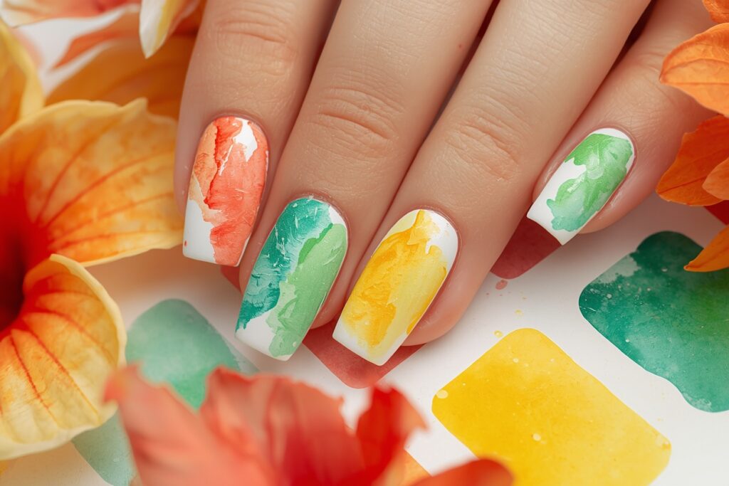 tropical nail ideas 2026 abstract watercolor nail art