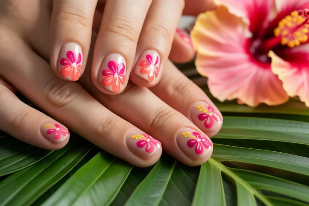 tropical nail ideas 2026 hibiscus flower nail art design