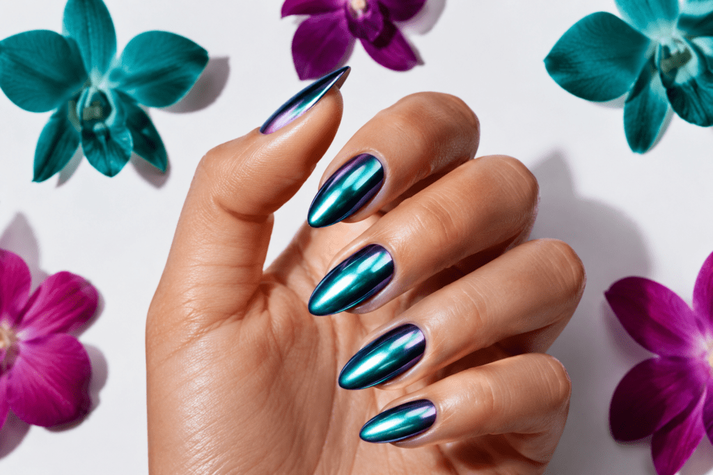 tropical nail ideas 2026 holographic chrome duochrome nails