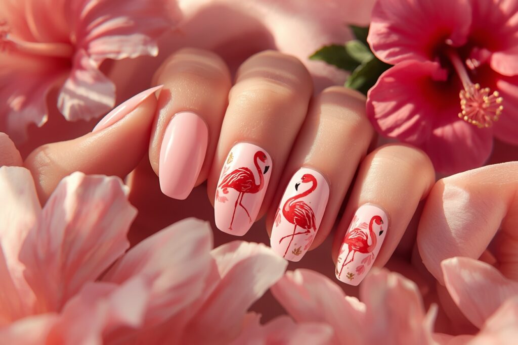 tropical nail ideas 2026 flamingo pink nail art design