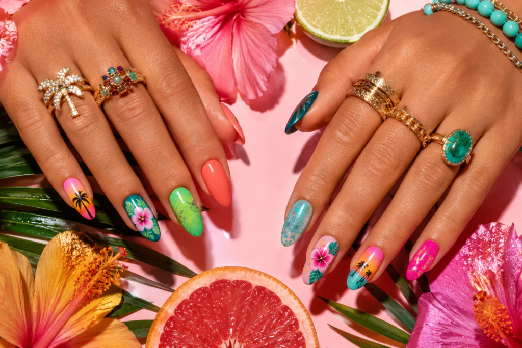 tropical nail ideas 2026 maximalist mix and match nail art