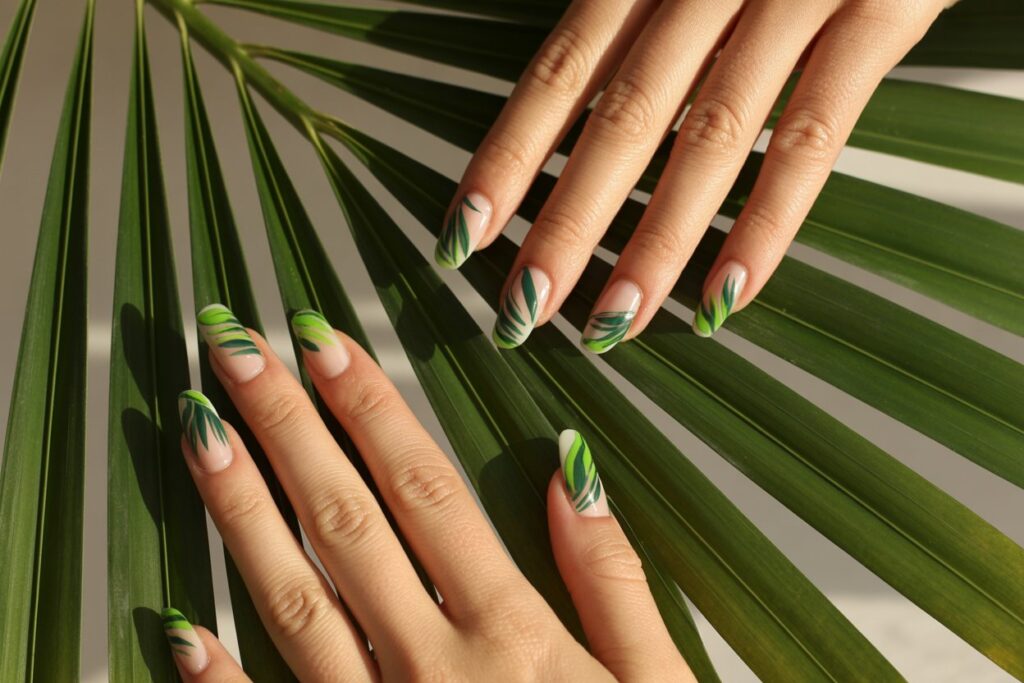 tropical nail ideas 2026 palm leaf green nail art design