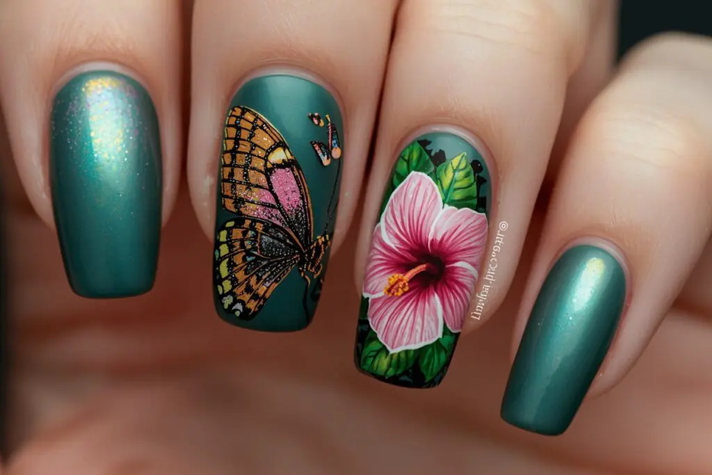 tropical nail ideas 2026 butterfly and tropical flower nail design