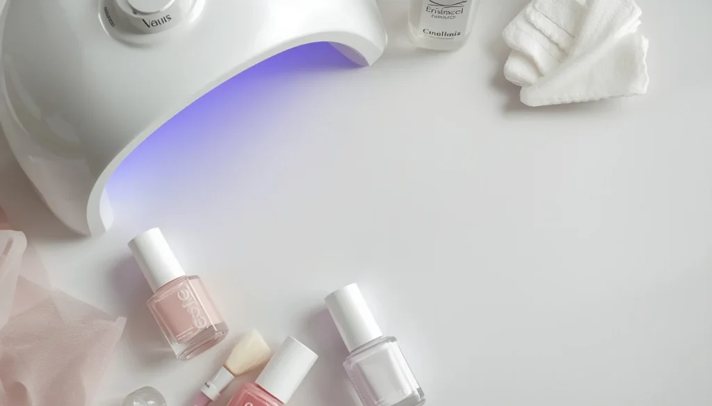DIY white pink nails design step by step tools and polish bottles