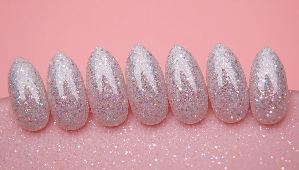 full glitter bomb birthday nail ideas — holographic glitter almond nails
