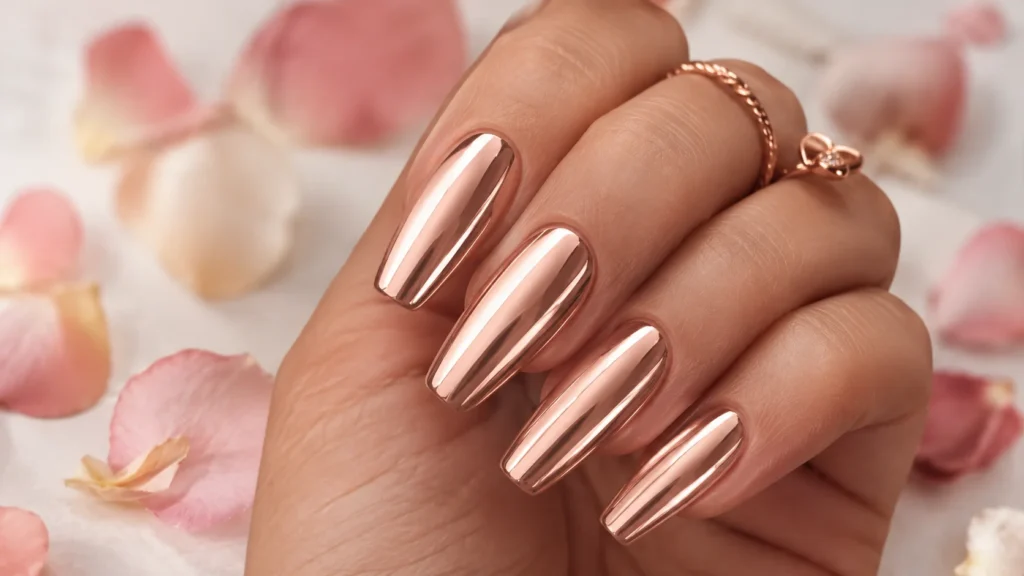 rose gold chrome birthday nail ideas — rose gold metallic nails