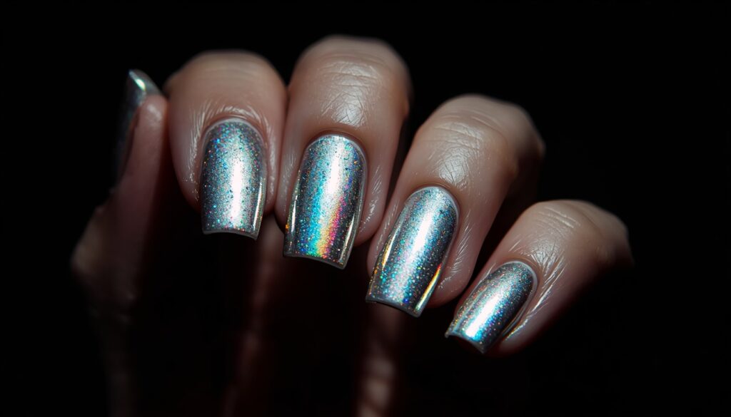 silver holographic birthday nail ideas — rainbow holographic nails