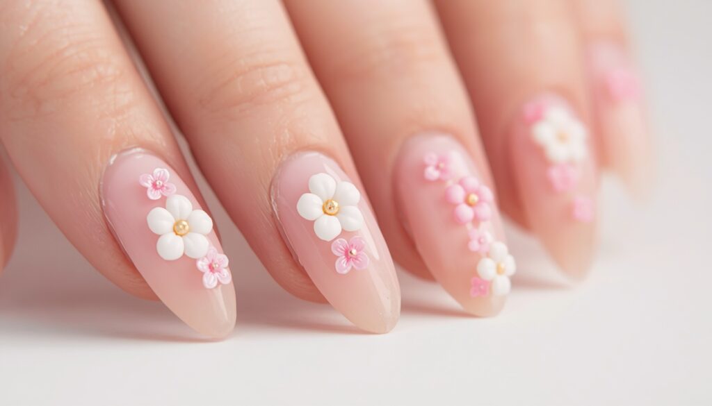 3D flower birthday nail ideas — floral embellishment nail art
