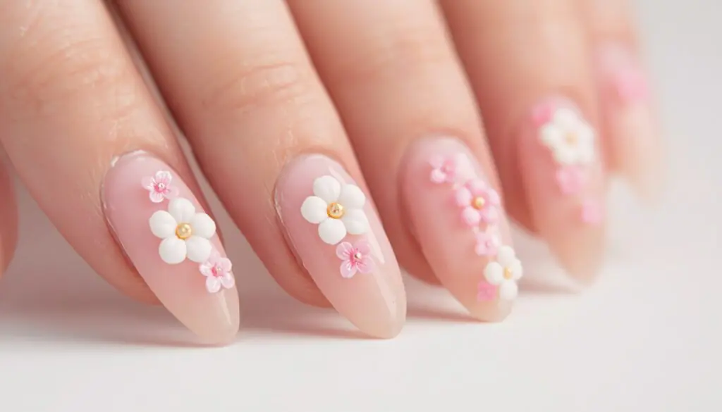 3D flower birthday nail ideas — floral embellishment nail art