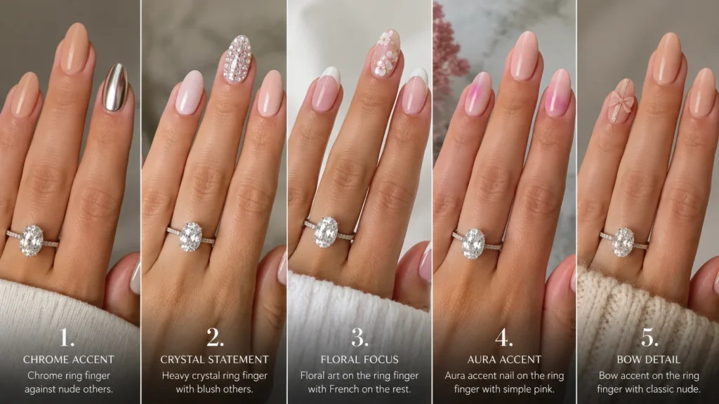 Ring finger accent nail engagement ideas 2026 — chrome, crystal, floral, aura accent nails