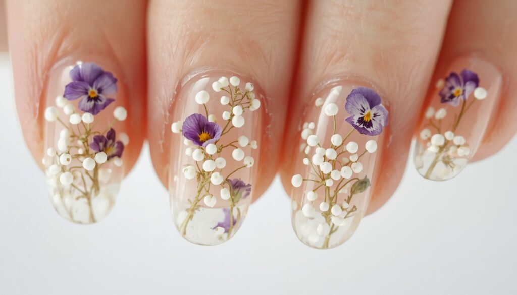 pressed flower birthday nail ideas — real dried flower nails