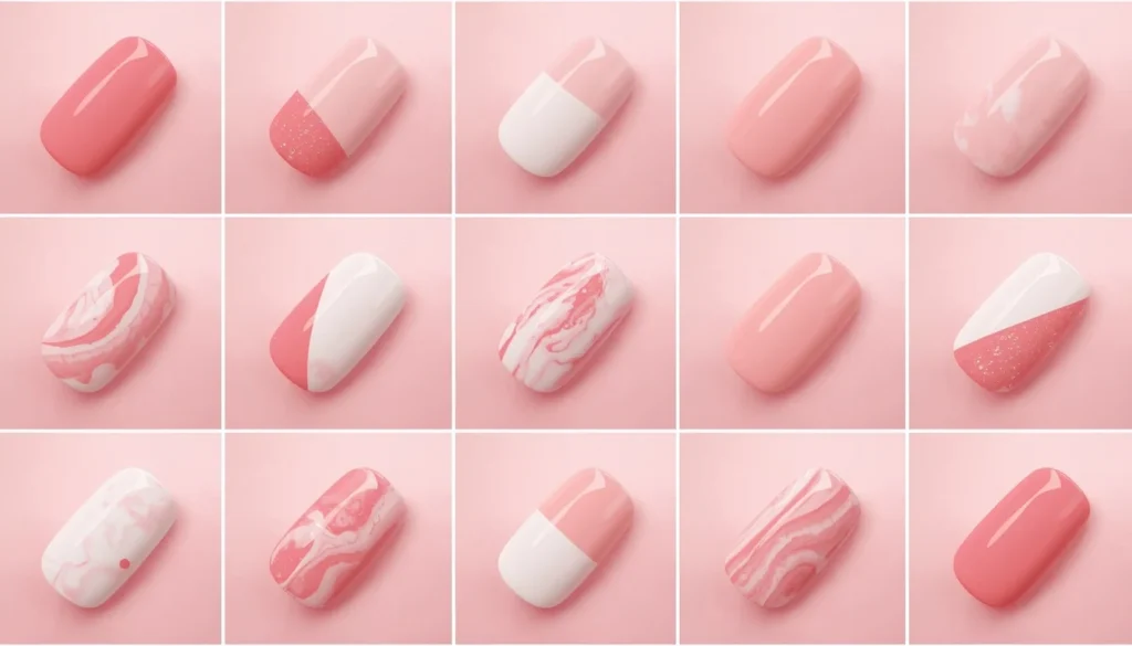Grid of 15 white pink nails design ideas including French tips ombre and marble styles