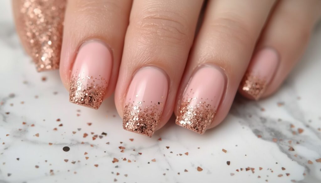 glitter ombre birthday nail ideas — rose gold glitter fade nails