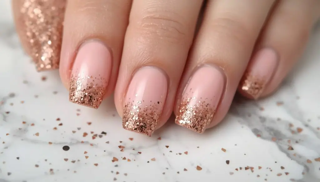 glitter ombre birthday nail ideas — rose gold glitter fade nails
