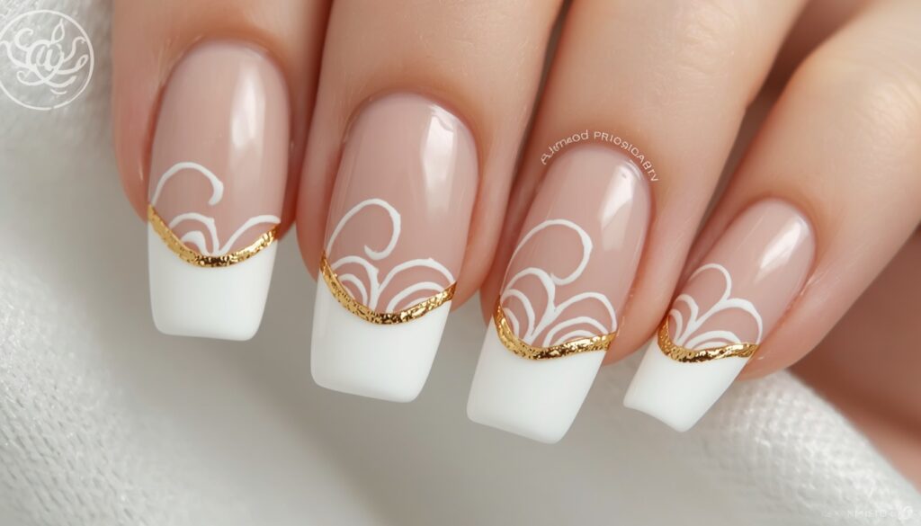 swirl French tip birthday nail ideas — artistic wave French manicure