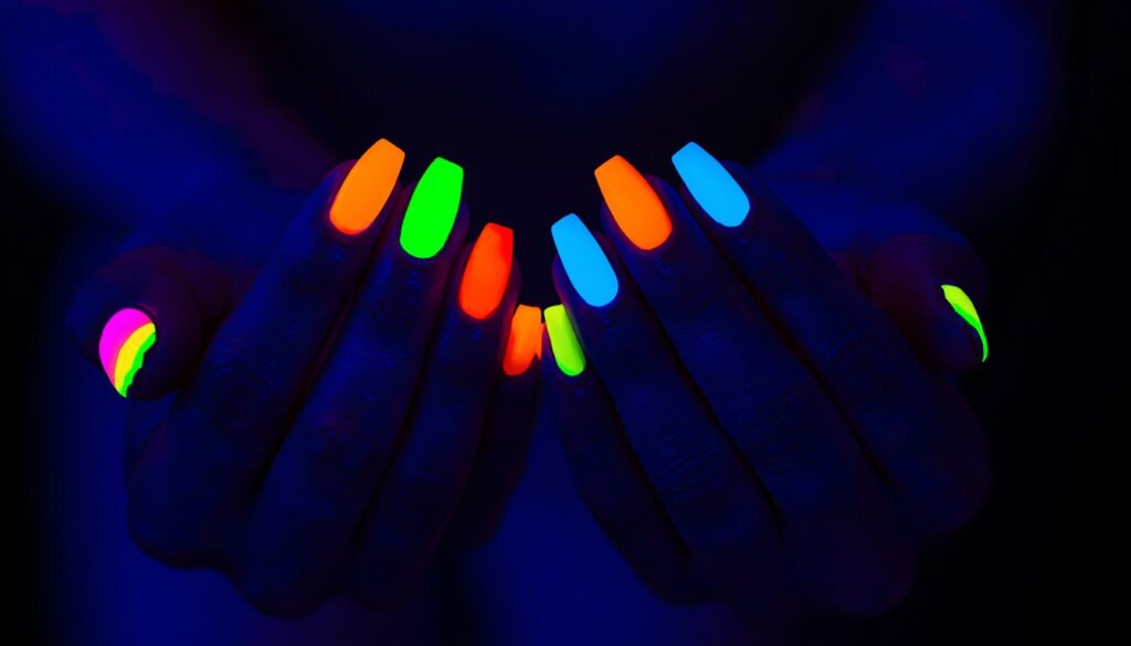 neon rainbow birthday nail ideas — bright neon nails party