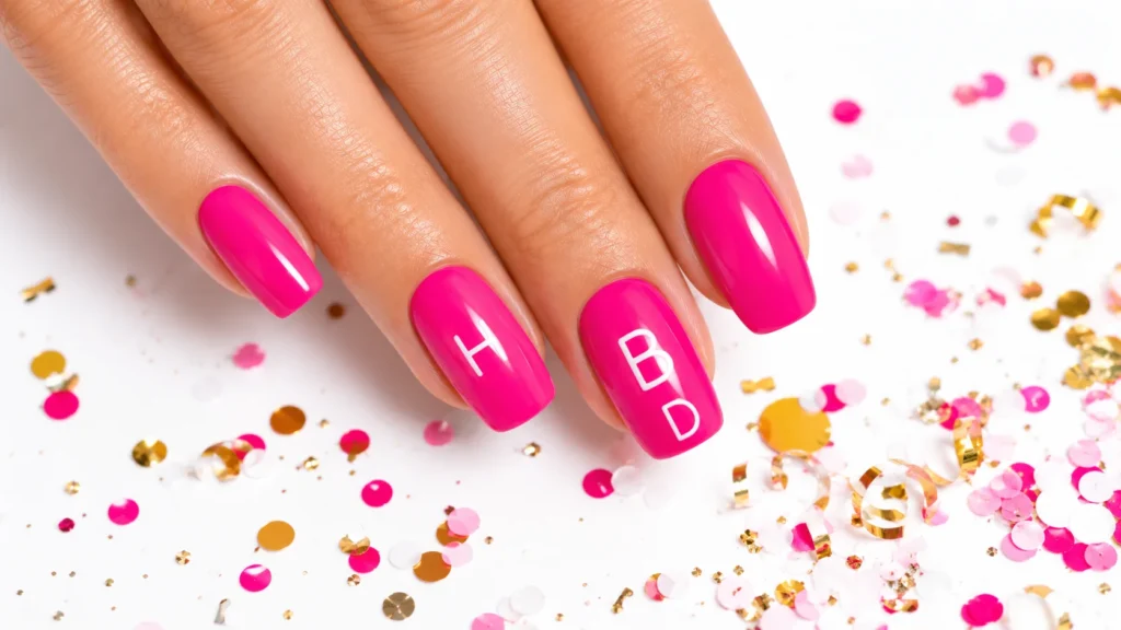 happy birthday text nail ideas — HBD letter nail art