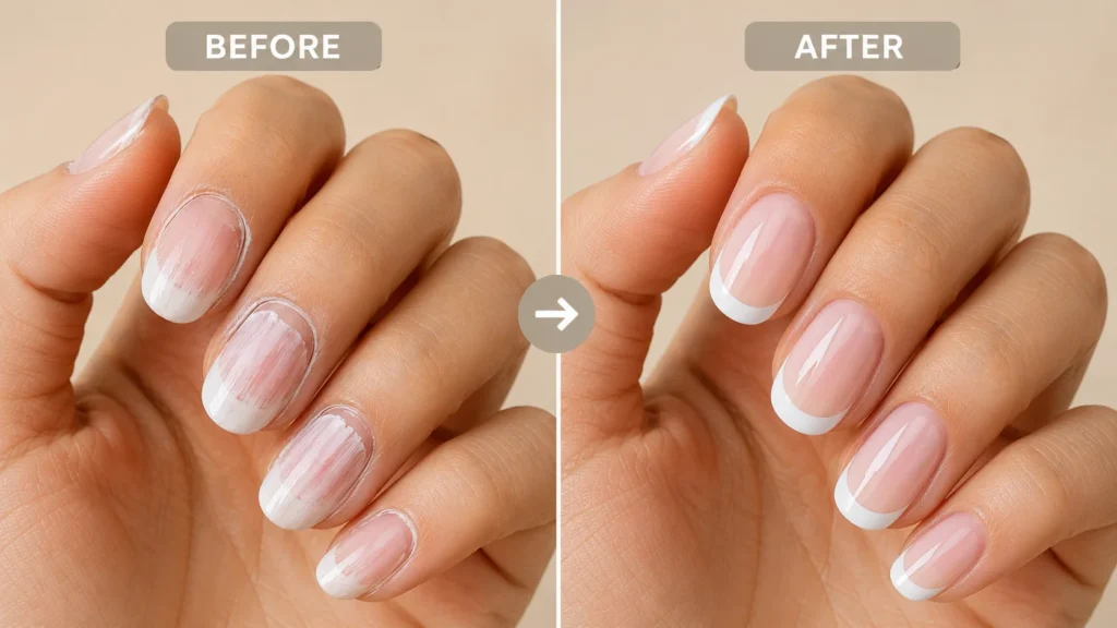 Before and after comparison showing common white pink nails design mistakes versus correct application
