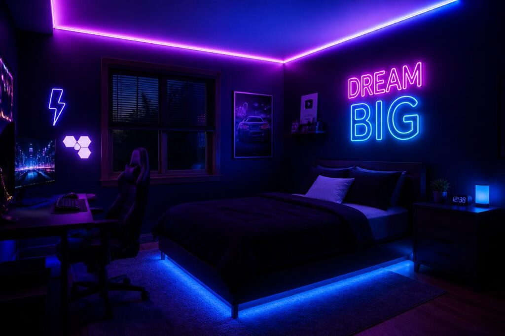 teen bedroom ideas with LED lights and neon signs for aesthetic room