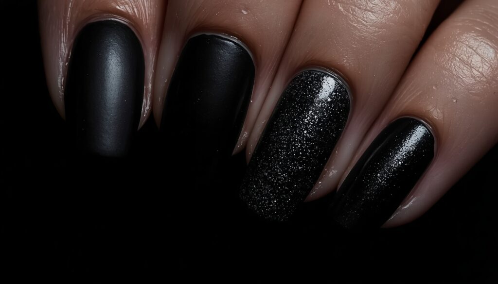 black glitter birthday nail ideas — edgy dark birthday nails