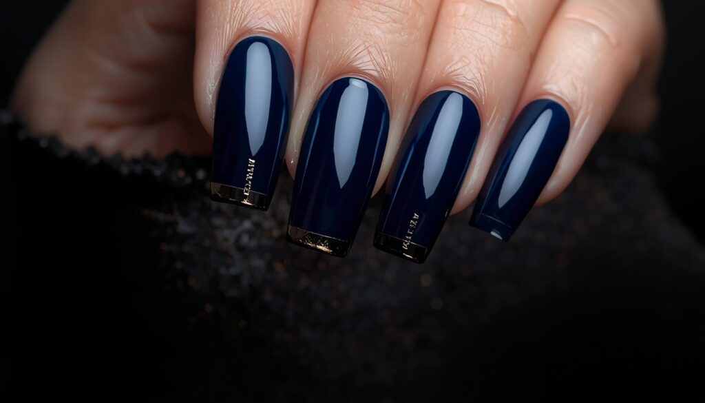 midnight blue birthday nail ideas — dark navy nails with gold accent