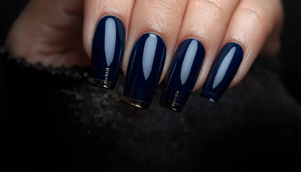  midnight blue birthday nail ideas — dark navy nails with gold accent