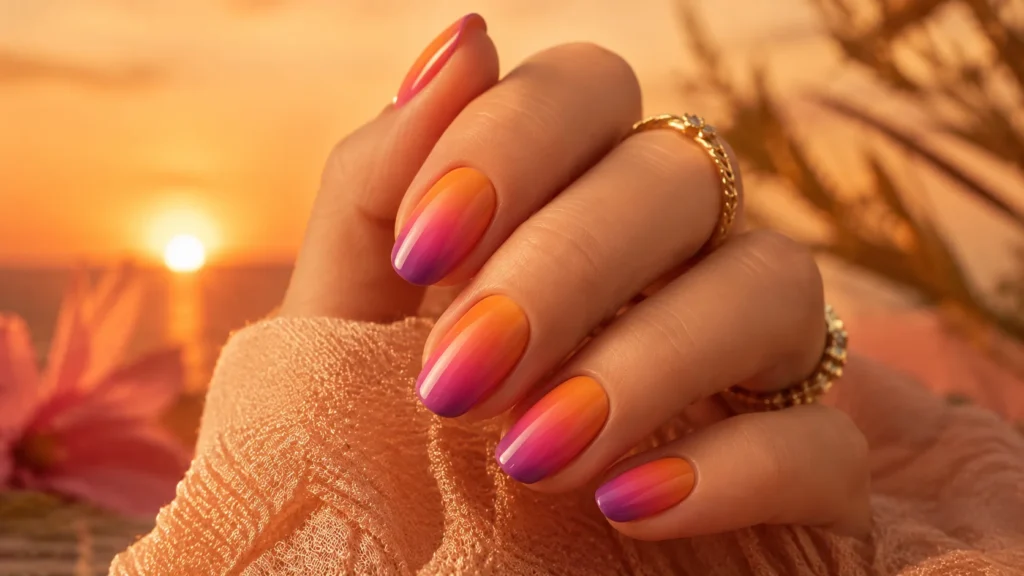 ombre sunset birthday nail ideas — orange pink purple gradient nails