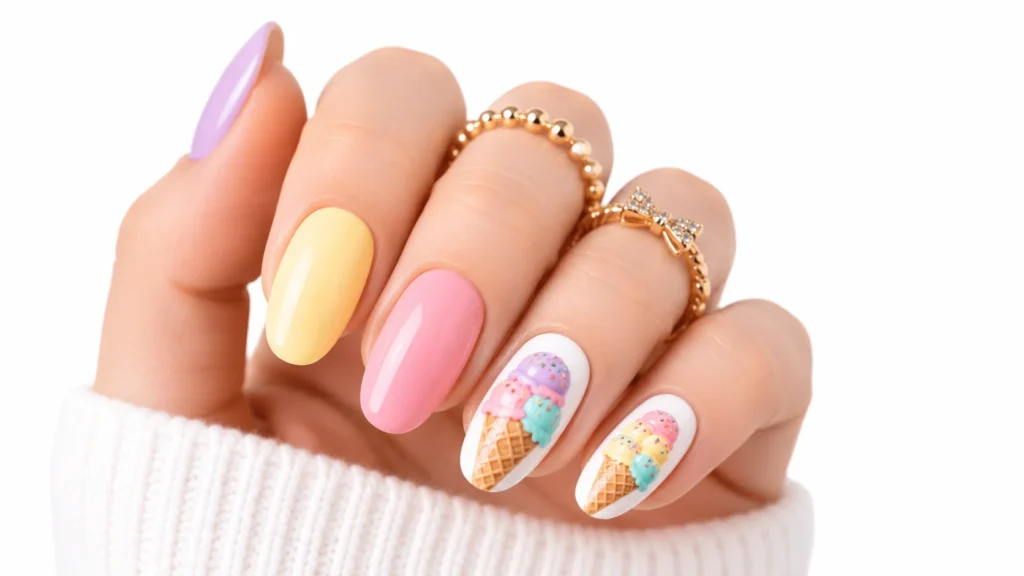 ice cream birthday nail ideas — ice cream cone nail art
