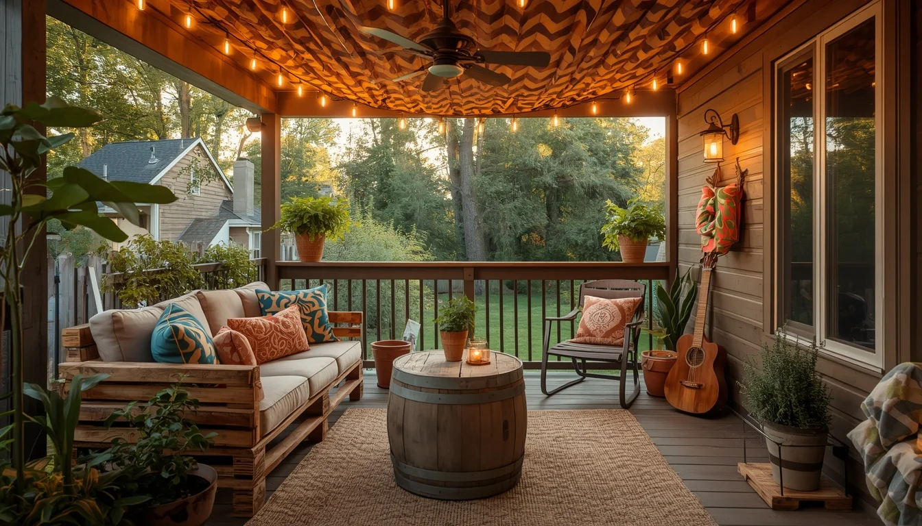 back porch ideas on a budget — cozy transformed outdoor space with string lights and DIY furniture