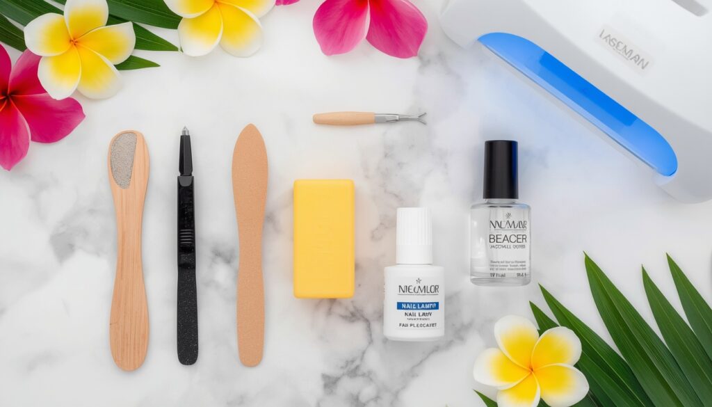 nail prep tools for long-lasting beach vacation nails flat lay