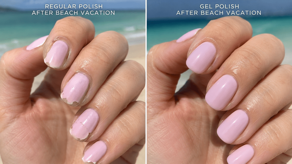 comparison of chipped regular nails vs perfect beach vacation gel nails