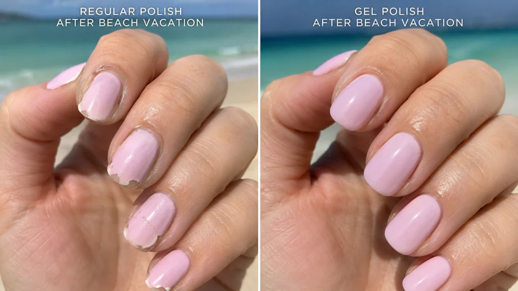 comparison of chipped regular nails vs perfect beach vacation gel nails