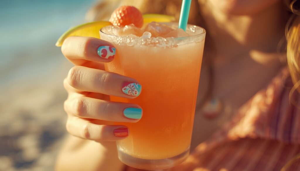 woman with beach vacation nails holding cocktail on tropical beach