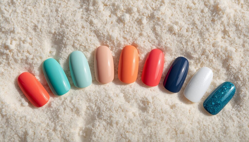  best beach vacation nail colors of 2026 color swatches flat lay