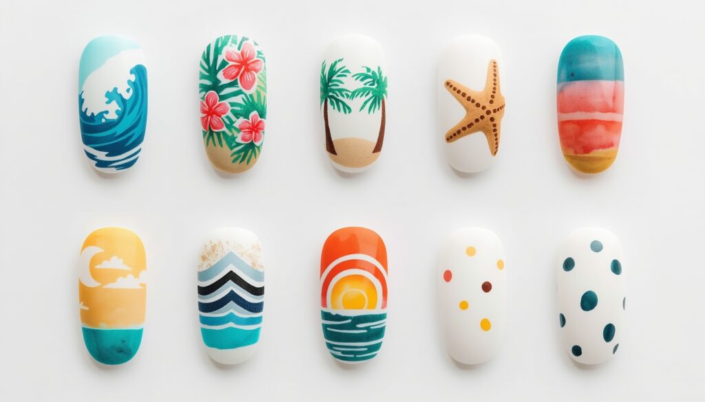 grid of beach vacation nail art designs for summer 2026
