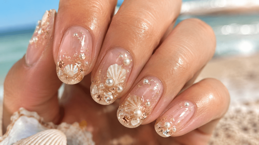 beach vacation nails with 3D shell and pearl nail art designs