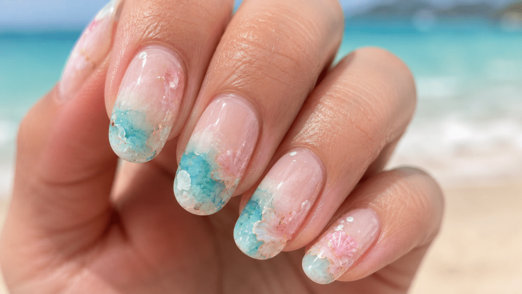 watercolor wash beach vacation nails in teal pink and white
