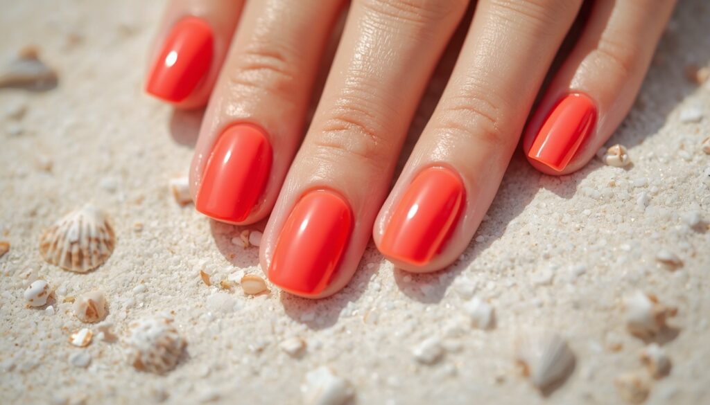 coral colored beach vacation nails on white sand background
