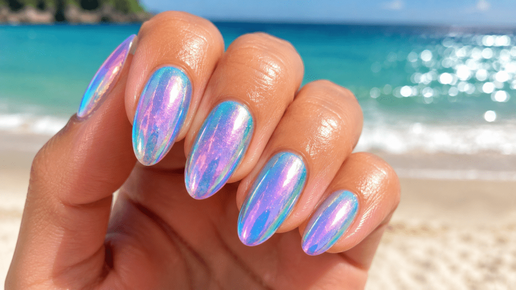  iridescent mermaid chrome beach vacation nails with color shifting effect