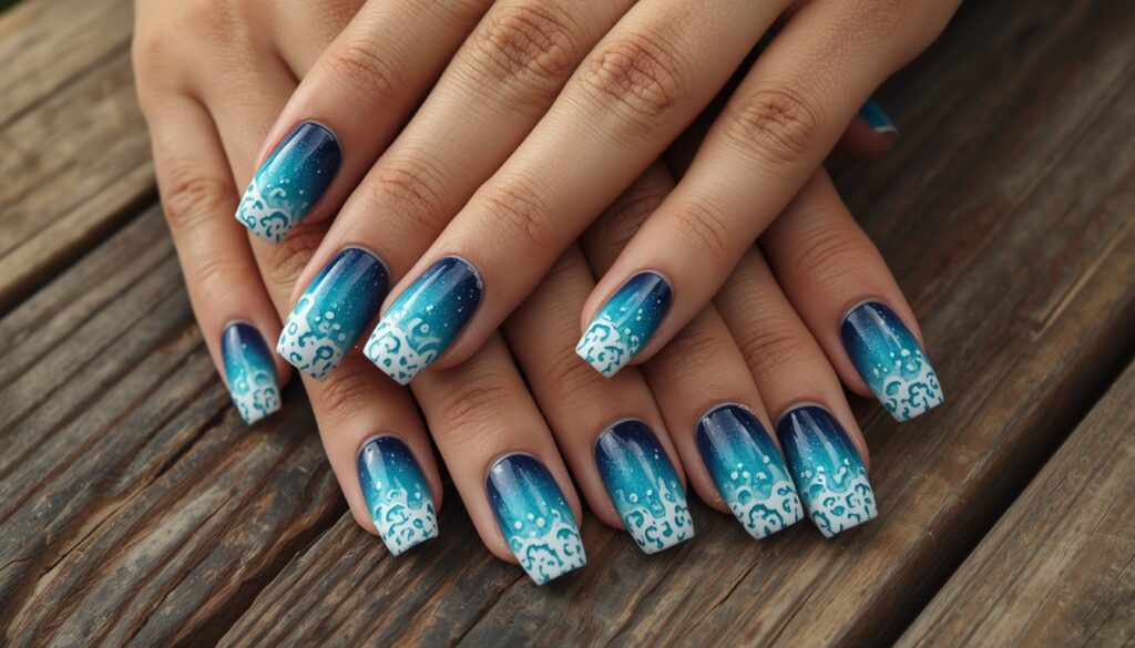 ocean wave ombré beach vacation nails in blue and turquoise gradient