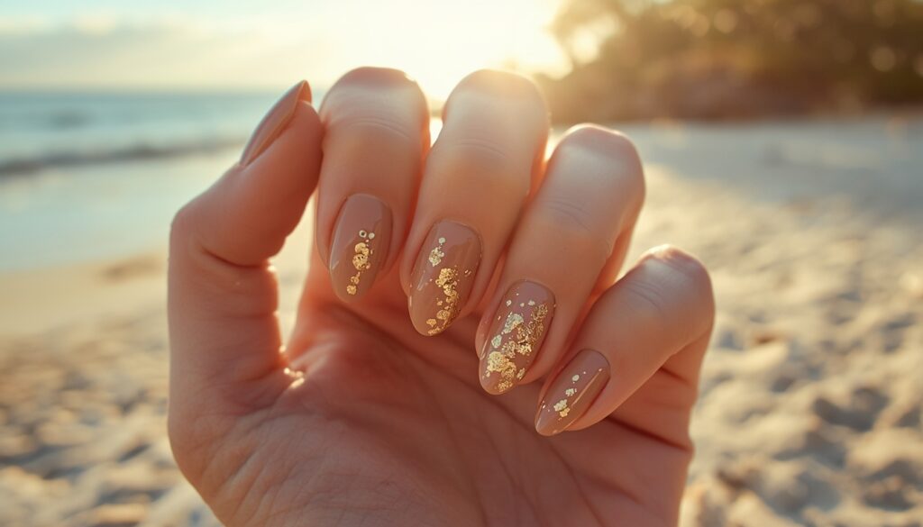 sandy nude beach vacation nails with gold foil accents