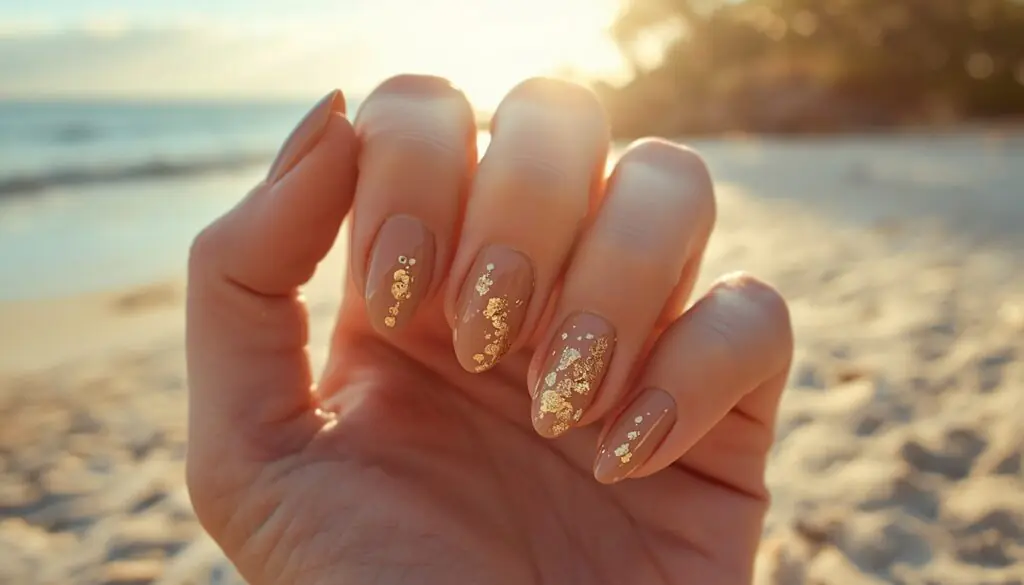 sandy nude beach vacation nails with gold foil accents
