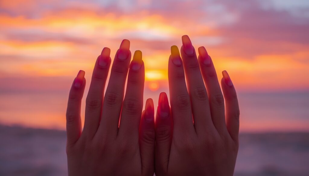 tropical sunset ombré beach vacation nails in yellow orange pink purple gradient