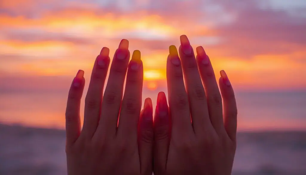 tropical sunset ombré beach vacation nails in yellow orange pink purple gradient