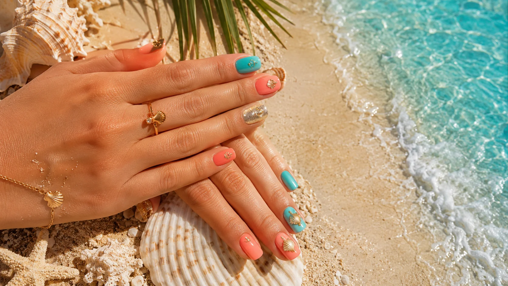 beach vacation nails with tropical nail art designs on sandy beach background