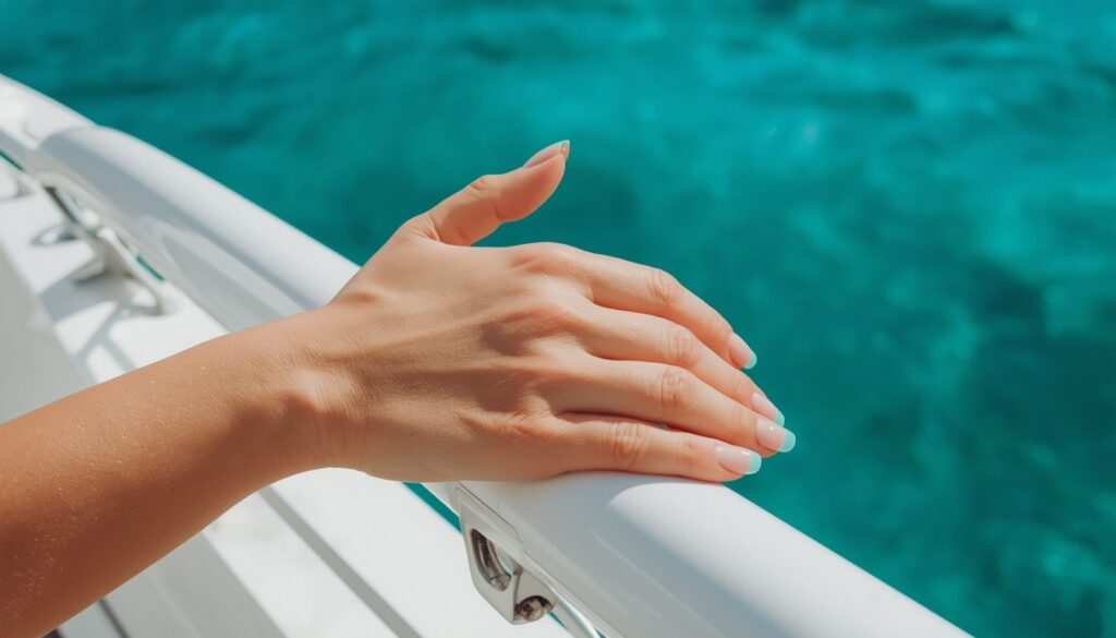 coastal French tip beach vacation nails with aqua teal tips
