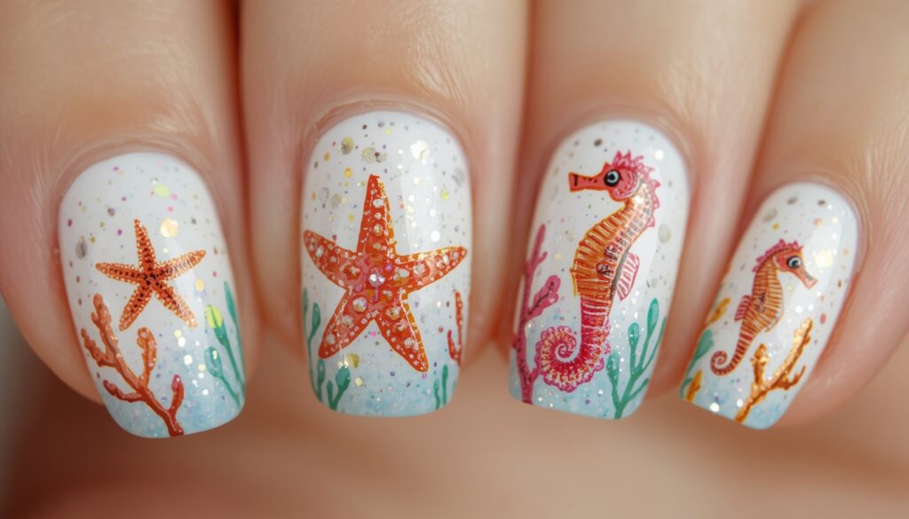 beach vacation nails with hand painted starfish and seahorse nail art