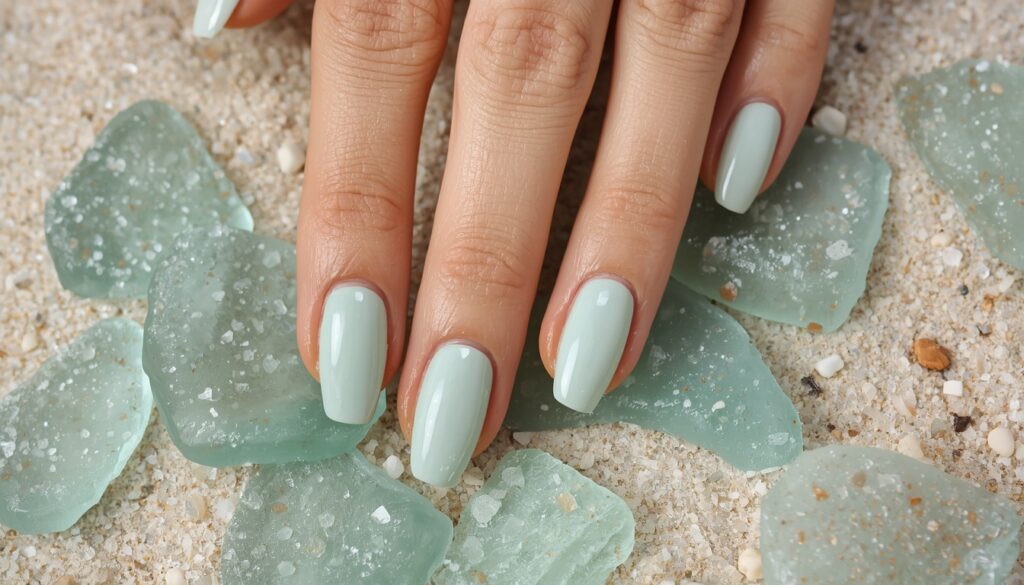 minimalist seaglass colored beach vacation nails in pale green and seafoam shades