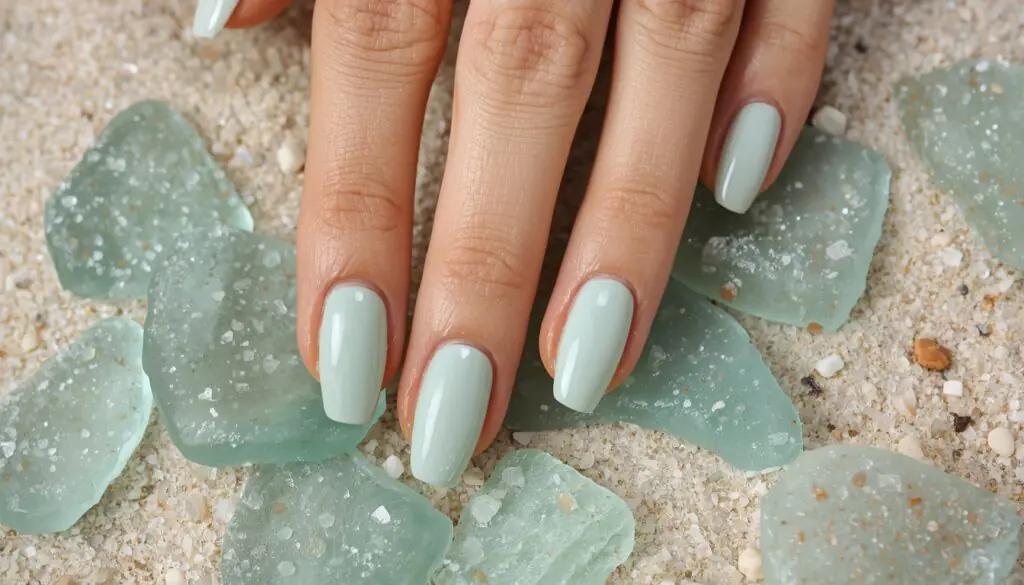 minimalist seaglass colored beach vacation nails in pale green and seafoam shades